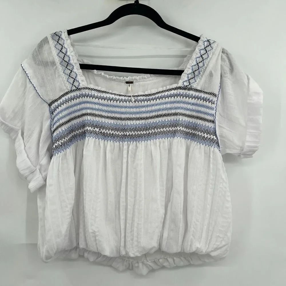 Free People Women's White Square Neck Smocked Short-Sleeve Top Size M